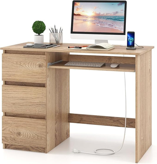 Tangkula Computer Desk with 3 Storage Drawers & Built-in Charging Station, Home Office Desk with Keyboard Tray, PC Desk Study Writing Desk, Vanity Table for Bedroom, Computer Workstation (Natural)
