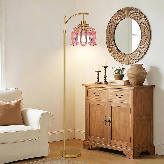 QIYIZM Pink Floor Lamp for Living Room,Bedroom,Gold Dimmable Standing Lamp with Remote,Mid Century Modern Brass Tall Lamp Boho Floor Lamps Arc Stained Glass Flower Floor Light Lamp Girls kids Bohemian