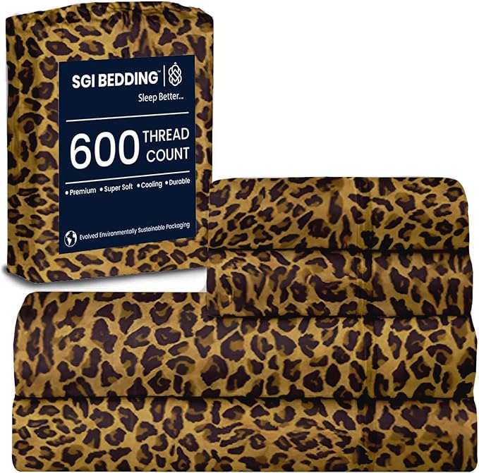 SGI bedding 100% Egyptian Cotton Sheets Full Size – 600 Thread Count Sheets Set, Soft, Cooling, 15" Deep Pocket, Luxury Hotel Bedding, Breathable, Durable - Leopard Print
