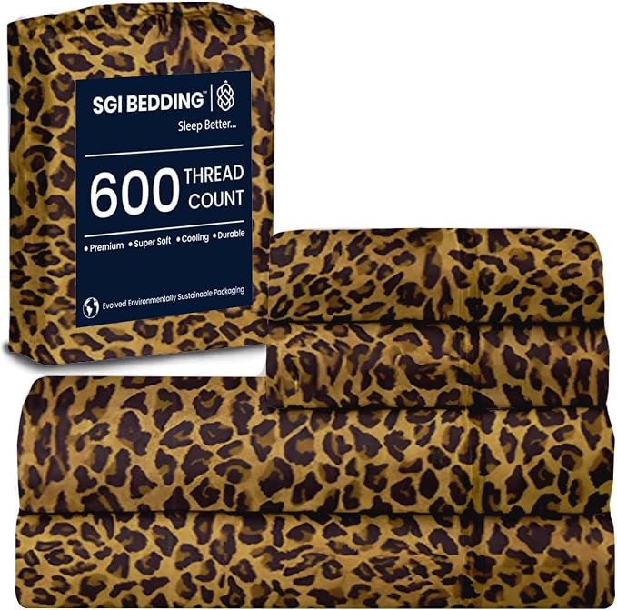 SGI bedding 100% Egyptian Cotton Sheets RV King Size – 600 Thread Count Sheets Set, Soft, Cooling, 15" Deep Pocket, Luxury Hotel Bedding, Breathable, Durable - Leopard Print