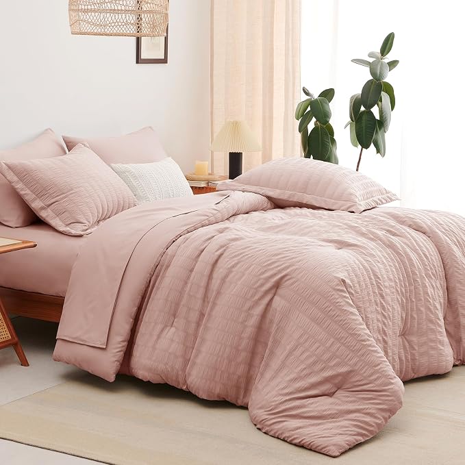CozyLux Queen Comforter Set Rose Gold, 7 Pieces Seersucker Textured Luxury Bed in a Bag Queen, Dusty Pink All Season Bedding Set with Down Alternative Comforter, Sheets, Pillowcases & Shams, Home Gift
