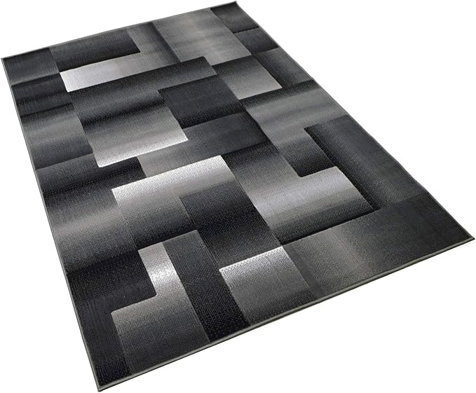 HR 5’ x 7’ Rug in Shadow- Premium Quality Silver/Black/Gray Abstract Geometric Modern Squares Pattern Area Rug - Contemporary Styling for Living Room, Bedroom - Unique Home Décor