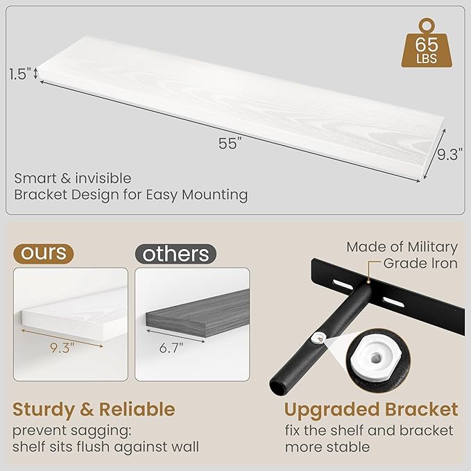 Fun Memories 55 Inch Floating Shelves in White, 9.3 Inch Deep Floating Shelf for Bathroom Living Room Kitchen, Rusitc Wall Mounted Bathroom Shelves 1 Pack, Heavy-Duty Deep Shelf for Books Decor