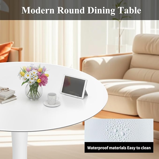 32" White Round Dining Table, Mid-Century Modern Circular Tulip Table with Thickened Top & Sturdy Metal Pedestal, Small Round Bistro Kitchen Table for for 4 People, Easy Assembly