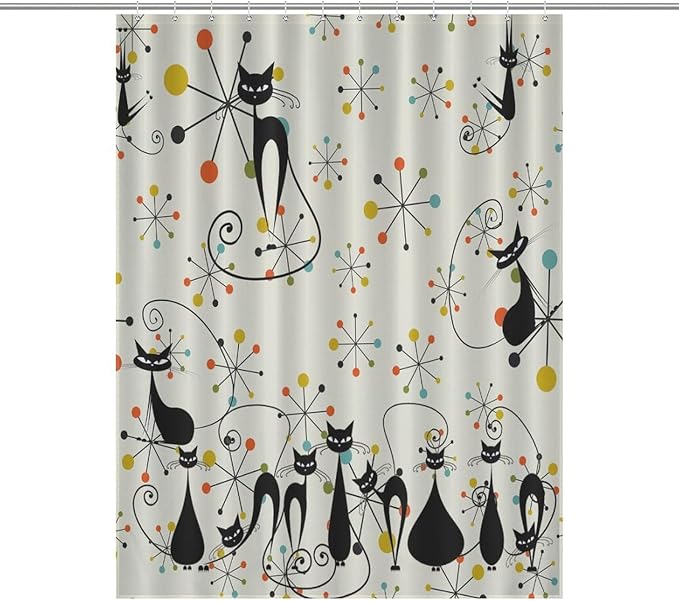 Mid Century Atomic Cat Shower Curtains, Atomic Abstract Geometric Cat Retro Pattern Waterproof Shower Curtains for Bathroom Decor 12 Pack Hooks 55x72in（140x183cm）