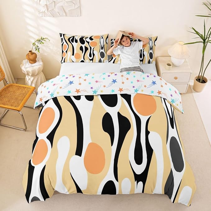 Erosebridal Organic Abstract Duvet Cover Set Modern Contemporary King Bedding Set for Adult Men Boho Mid Century Wavy Lines Comforter Cover Retro Geometric Bed Sets,Light Beige Peach
