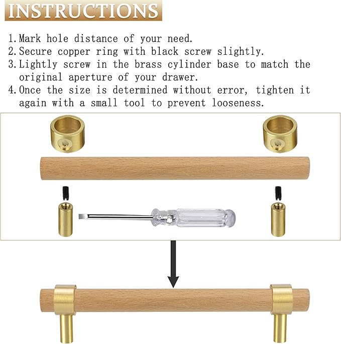 Natural Wood Kitchen Cabinet Handles 3~5 Inch 12Set Center to Center Adjustable Double Hole Euro Scandi-Modern Dresser Knob, Unfinished DIY Drawer Pull, Brushed Brass Base