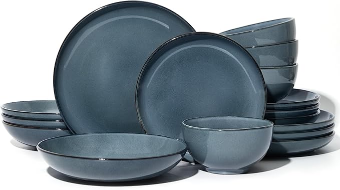 16 Piece Double Bowl Dinnerware Sets with Pasta Bowls, Highly Chip and Crack Resistant Plates and Bowls Sets, Natural Earthyware Ceramic Dishware Sets, Service for 4 Jeans Blue