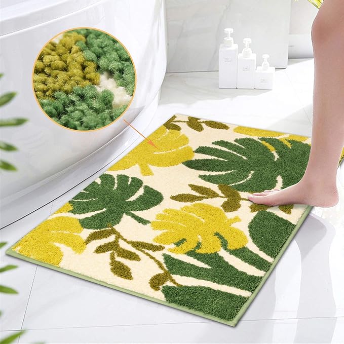Hi Space Bathroom Rugs 31.5x19.7IN Blue Leaves Bath Mat for Bathroom Non Slip Machine Washable Soft Microfiber Absorbent Cute Bath Rug Plush for Tub Shower Sink Fluffy Home Decor Accessories