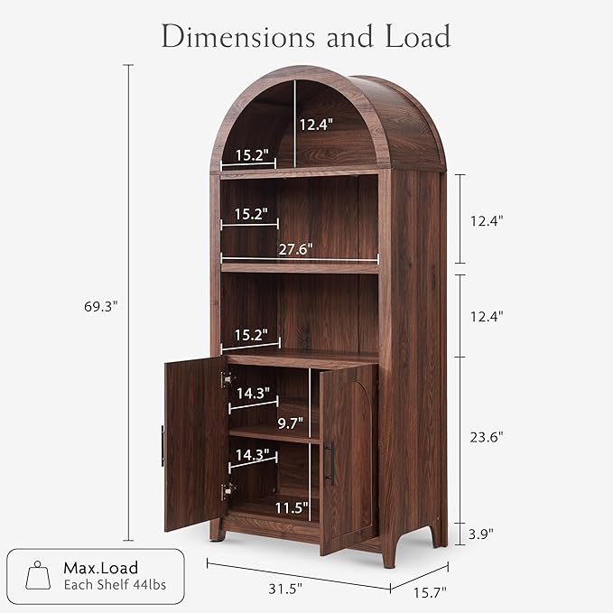 RowyPoey Rattan Arched Cabinet Bookshelf - 69.3” Tall Mid Century Display Cabinet, Rounded Bookcase with Rattan Doors, Open Shelf Storage for Dining Room (Walnut, 2 PCS)