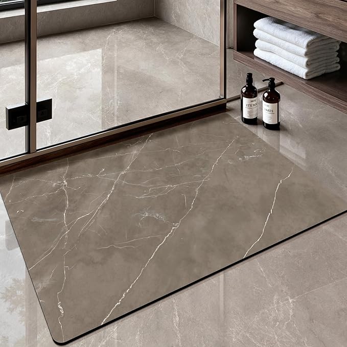 Color&Geometry Ultra Thin Bath Mat, Non Slip Quick Dry Rugs,24"x36", Absorbent Marble Bathmat, Washable Rubber Mats for Shower Floor, in Front of Bathtub, Bathroom Decor, Taupe Marble-Patterned
