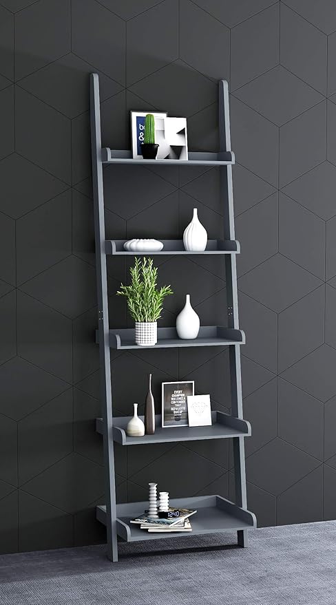 eHemco Modern 5 Tier Leaning Wall Ladder Bookshelf Organizer, Storage Rack, 70 Inches, Gray