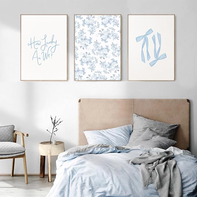 Baccone Blue Bow Wall Art Floral Canvas Wall Decor Coquette Flower Wall Art Trendy Aesthetic Poster Girly Preppy Pictures Blue Floral Prints for Living Room Bathroom 16x24 Inch Unframed Set of 3