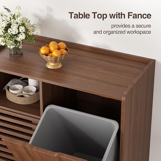FiveWillowise Storage Cabinet with slatted Door, Tilt Out Trash Can Cabinet for 10 Gallon Wooden Dog-Proof Recycling Bin with Hidden Laundry Basket for Kitchen Island and Dining Room, Walnut