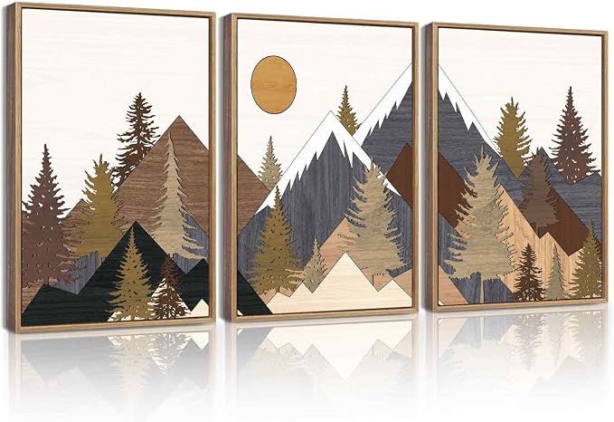 KUVIOKE Morden Boho Mountains Framed Canvas Wall Art Pine Tree Forest Nature Landscape Artwork Painting Bohemain Farmhouse Rustic Room Decor for Bedroom Living Room 12x16in (Natural Framed)