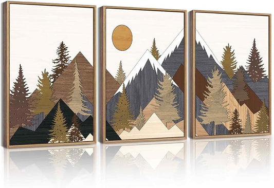 KUVIOKE Morden Boho Mountains Framed Canvas Wall Art Pine Tree Forest Nature Landscape Artwork Painting Bohemain Farmhouse Rustic Room Decor for Bedroom Living Room 12x16in (Natural Framed)