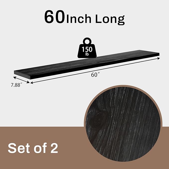 60 Inch Rustic Black Wood Floating Shelves 2-Pack - Farmhouse Wall Shelves with 150 lbs Capacity, Easy Installation for Living Room, Kitchen, Bedroom