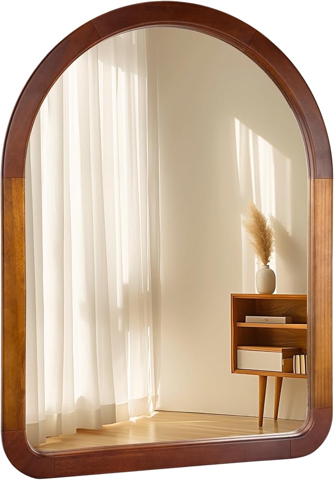 Arch Large Mirror 30 x 40 Inch,Brown Wood Rustic Bathroom Tempered Wall Mirror with Wood Frame,Round Corner Arch Farmhouse Wooden Vanity Mirror for Living Room,Entryway or Bedroom