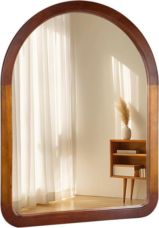 Arch Large Mirror 30 x 40 Inch,Brown Wood Rustic Bathroom Tempered Wall Mirror with Wood Frame,Round Corner Arch Farmhouse Wooden Vanity Mirror for Living Room,Entryway or Bedroom