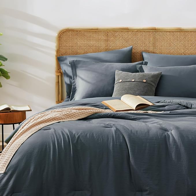 WRENSONGE Full Size Comforter Set- 7 Pieces Blue Grey Bed in a Bag Full Size Comforter with Fitted Sheet, Flat Sheet, 2 Pillow Shams, 2 Pillowcases, Warm Bedding Sets for All Season