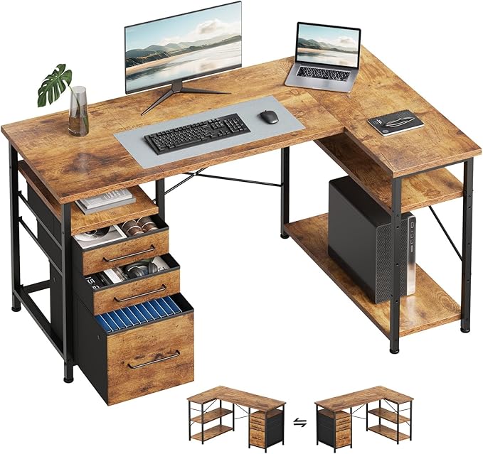 Maihail 47" Computer Desk with Drawers, Desks for Bedrooms, Writing Desk with Storage, Work Desk for Small Space, Rustic Brown