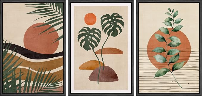 wall26 Framed Canvas Print Wall Art Set Boho Mid-Century Tropical Plant Collage Abstract Shapes Digital Art Modern Art Decorative Minimal Relax/Zen for Living Room, Bedroom, Office - 16"x24"x3 Black