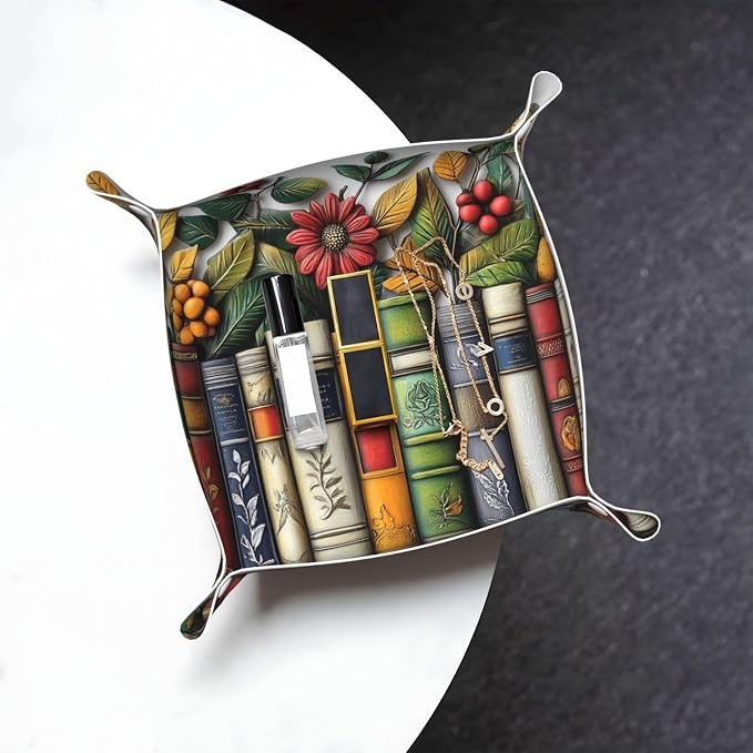 Retro Wooden Row Of Colorful Books Valet Tray Leather Portable Tray Desktop Storage Organizer Bedside For Men Women Jewelry Keys Coin Candy Sundries