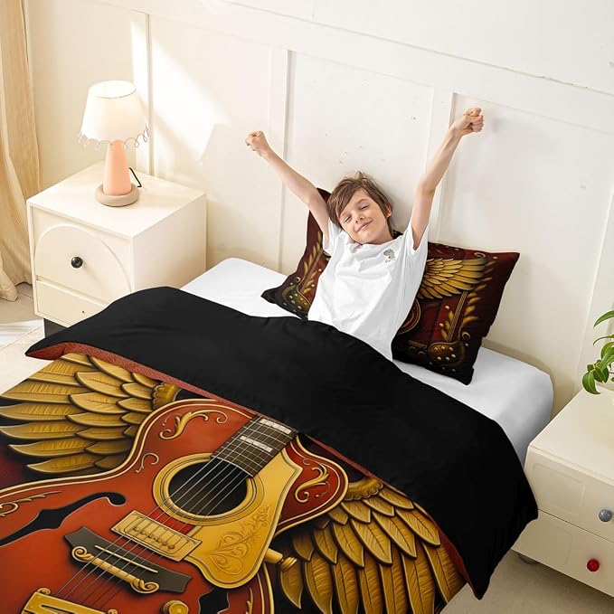Erosebridal Guitar Toddler Comforter Cover Luxury Angel Wings Guitar Bedding Set Vintage Baroque Style Room Decor Duvet Cover,Youth Rock Roll Music Bed Set