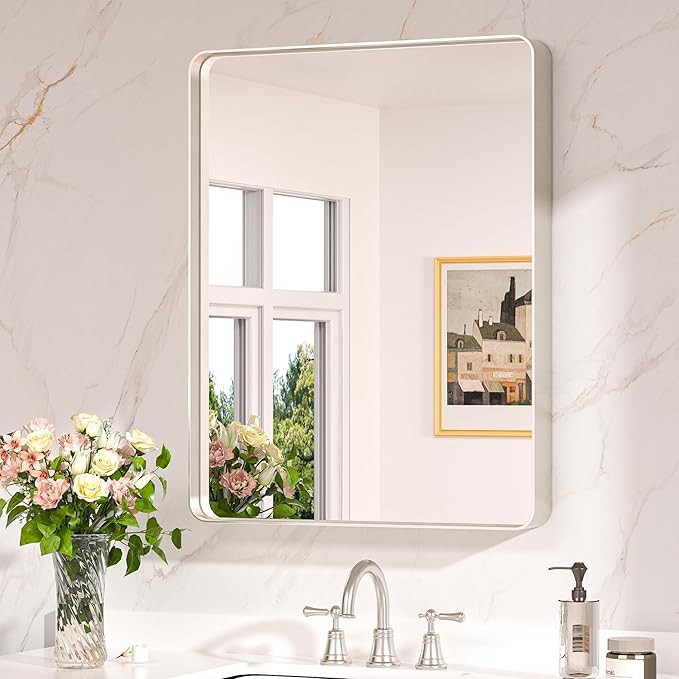 Keonjinn 24 x 30 Inch Brushed Nickel Bathroom Mirrors for Over Sink, Rounded Rectangle Silver Bathroom Vanity Mirror, Farmhouse Mirror for Wall, HD Tempered Glass, Anti-Rust Aluminum Alloy Mirror