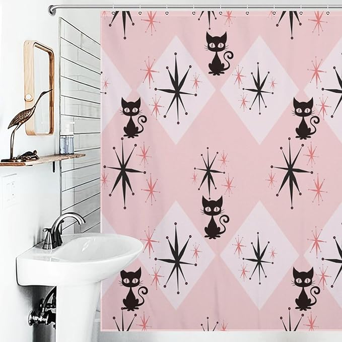 Mid Century Modern Shower Curtain,Pink Retro Atomic Cat Abstract Geometric 1960s Fabric Bathroom Decor Curtains with Hooks 72x72in（183x183cm）