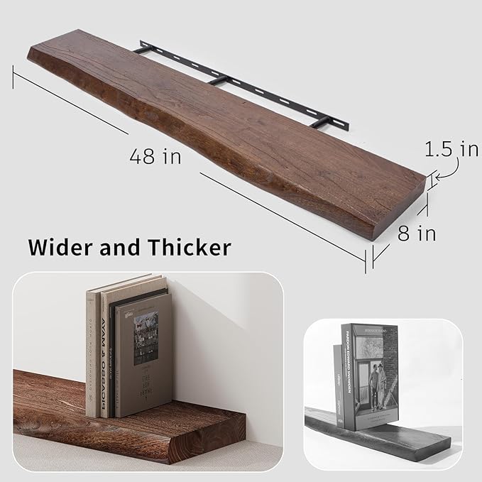 SAUMONIERES Live Edge Floating Shelves for Bedroom Living Room Wall Mounted Storage Long Natural Elm Wood Shelf Large Heavy Duty 8 Inch Deep, 48 inch Set of 1 Walnut Floating Shelf