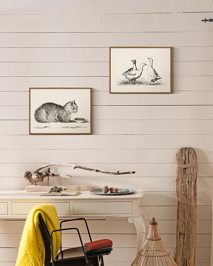 ARPEOTCY Vintage Framed Canvas Wall Art, Cute Cat Wall Art for Livingroom Bathroom Decor Pictures, Vintage Rustic Retro Prints for Bedroom Kitchen Home Decor Aesthetic(12x16 Inch)