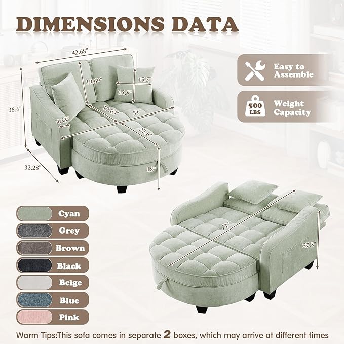 Oversized Chaise Lounge Chair Indoor with Ottoman, Chenille Tufted Comfy Loveseat Sofa Chair with Adjustable Backrest, Fluffy Recliner Sofa, Convertible Sleeper Couch Bed for Living Room(51"W, Beige)