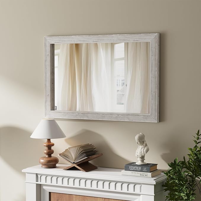 ULIKE Wood Mirror for Bathroom, Farmhouse Mirror with Rustic Frame, 24x36 Inch White Vanity Mirrors for Wall Decor of Bedroom or Living Room, Vertical or Horizontal Hanging, Rectangle