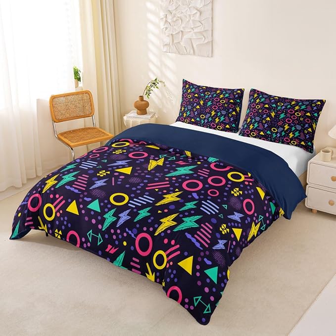 Retro 80s Style Bedding Set Twin,Abstract Geometric Pattern Duvet Cover Urban Modern Design with Circles and Triangle Comforter Cover Colorful Pop Art Inspired Pattern Quilt Cover for Boys Child