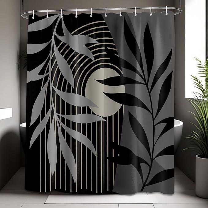 Boho Black and Grey Shower Curtain, Mid Century Modern Black and Gray Shower Curtains for Bathroom, Waterproof Fabric Set with Hooks, 60" W x 72" L (Pack of 1)
