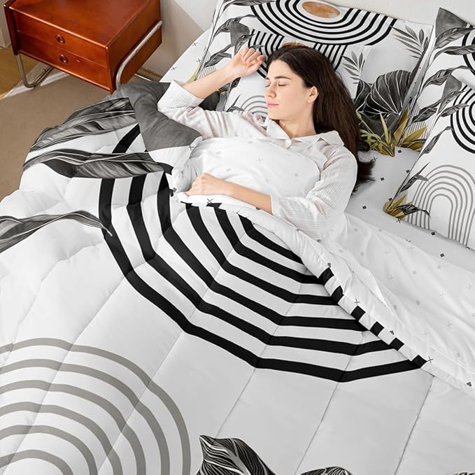 Erosebridal Modern Boho Bedding Set Twin Grey White Aesthetic Comforter Set 7 Piece Abstract Mid Century Bed in A Bag for Kids Girls Women Simple Tropical Palm Leaf Quilt with Flat Fitted Sheet