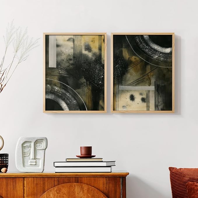 Renditions Gallery Set of 2 Peel & Stick Framed Prints, Moody Abstract Wall Art, Circular and Splattered Effects Wall Decor, Re-Stickable - Ready to Hang - 8"x10" - NATURAL WOOD Frame LT588