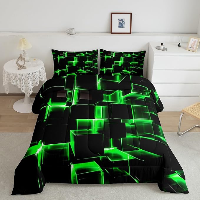 Erosebridal Honeycomb Bedding Set Twin Size, 3D Modern Abstract Square Grid Comforter for Kids Girls Boys Green Neon Light Geometric Print Bed Set Bedroom Decor, 2 Pieces