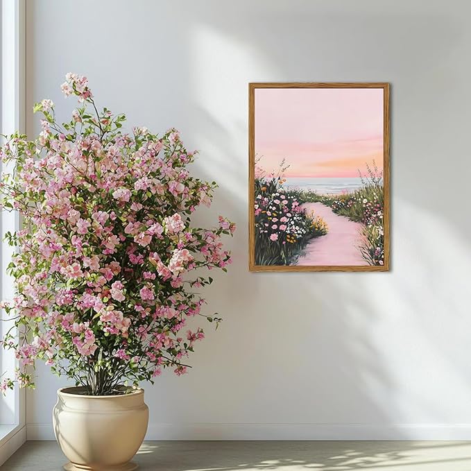 Framed Vintage Landscape Wall Art, Pink Floral Coastal Pictures Wall Decor, Rustic Wildflower Nature Paintings Canvas Prints Home Decor Aesthetic for Living Room Bedroom Bathroom 12x16 inch