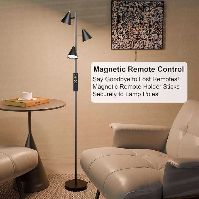 Black Floor Lamp with 3 Rotatable LED Lights，Magnetic Remote，5 Color Temp
