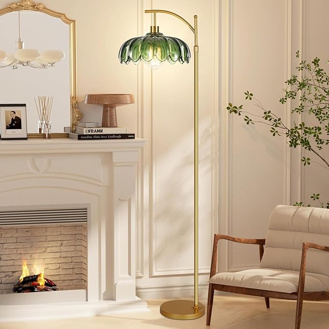 ZECOXOL Gold Floor Lamps for Living Room Vintage Green Floor Lamp with Remote Control & Glass Lampshape,Dimmable Mid Century Modern Standing Lamp Tall Flower Lamp Brass Floor lamp for Bedroom Corner