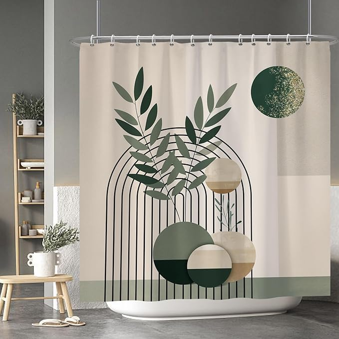 Baocicco Mid Century Bohemia Shower Curtain - Green Moon Leaves, Geometric Aesthetic for Bathroom Decor - Polyester, Durable with Hooks, 72x72 Inches