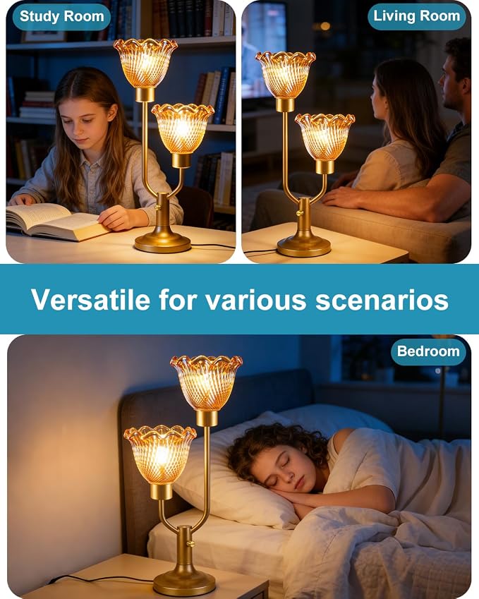 Lightdot Gold Table Lamp for Bedroom Dimmable Mid Century Modern Flower Desk Lamp Amber Glass Vintage Nightstand Lamp 2 Bulbs Included Warmwhite Ambient Bedside Lamps for Living Room Home Office Decor