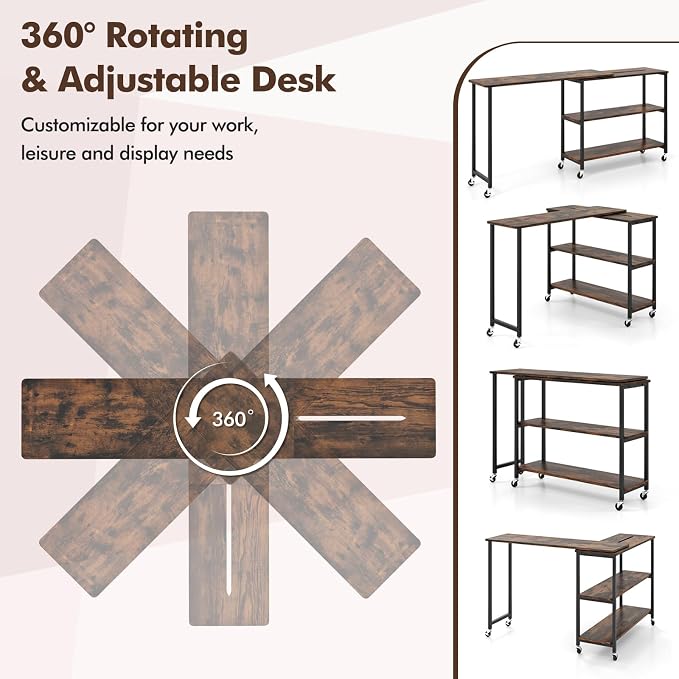 Giantex 360 Rotating End Table, Large Rustic Brown Walnut & Alloy Steel, 40" X 12", 2-Tier Storage Shelves, 265 lbs Weight Capacity