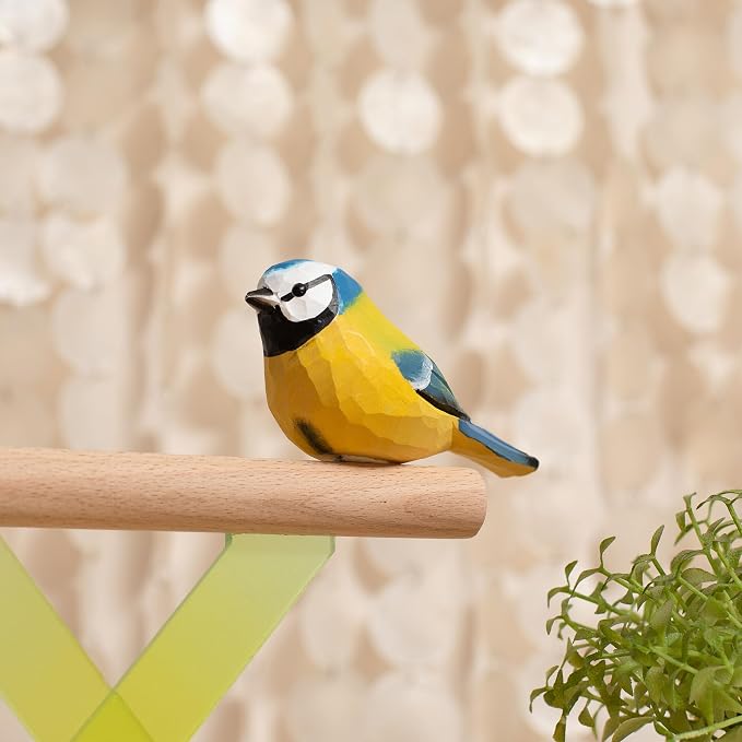 Handmade Eurasian Blue Tit Bird Figurine, Wooden Eurasian Blue Tit Carving, Unique Small Bird Statue for Home Décor or Collectible Gift