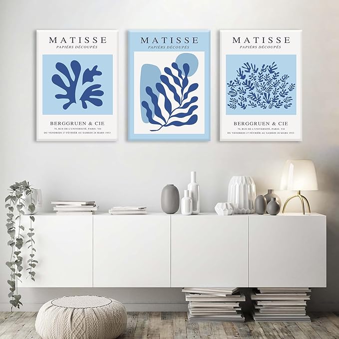 BingruiArt Blue Matisse Wall Art Canvas Boho Flower Set of 3 Minimalist Plant Leaves Painting Abstract Pictures Aesthetic Prints Home Decor for Living Room Bedroom Bathroom 12"x16" Framed