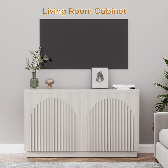 Yechen Accent Fluted Sideboard Buffet Cabinet with Arched Reeded Design Doors, Mid Century Modern Credenza Storage Cabinet with Adjustable Shelves, for Living Room Dinning Hallway, White Oak