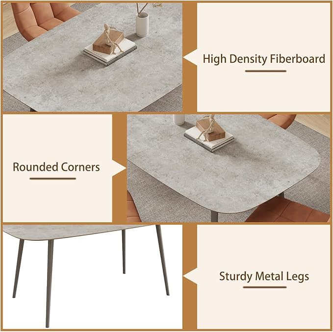 55.1'' Dining Table Set for 4,Modern Wood Dining Table,Leather Dining Chairs 4,Table and Chairs Set of 4,Ideal for Kitchen Dining Room (Gray Table + 4 U-Shaped White Chairs, 55.1")