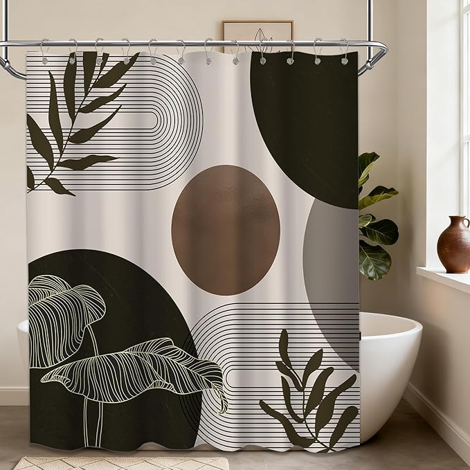 Brown and Beige Shower Curtain Light Brown Tan Taupe Boho Mid Century Modern Shower Curtains for Bathroom Decor MCM Mens Cool Bath Curtain Set, Waterproof Fabric with Hooks 70 x 78 Inch